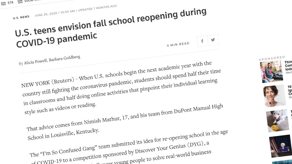 Reuters- U.S. teens advise schools on fall reopening during COVID-19 pandemic